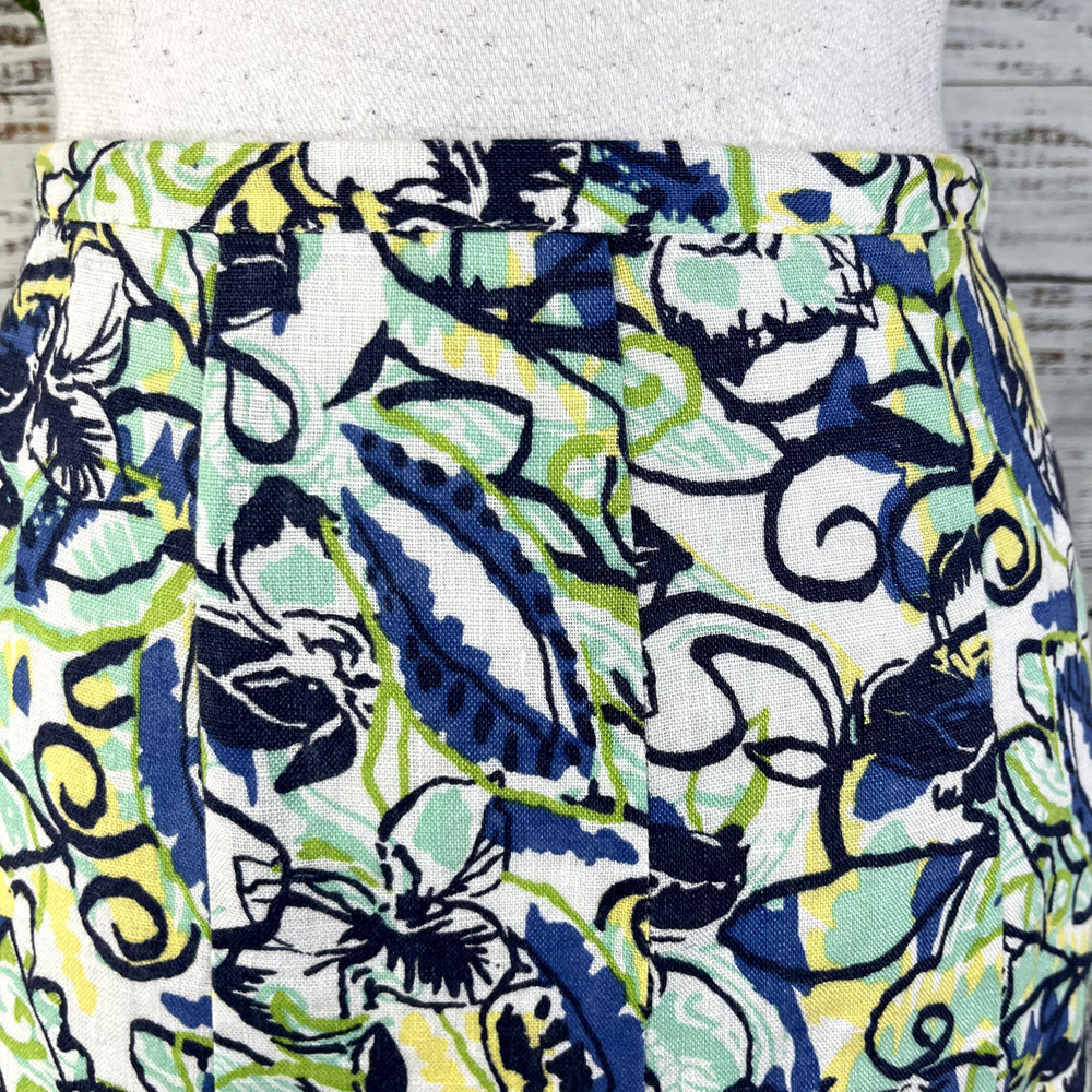 JM Collection Skirt 16 Petite Blue Green Yellow Floral Linen Calf Midi Hawaii - Picture 6 of 13